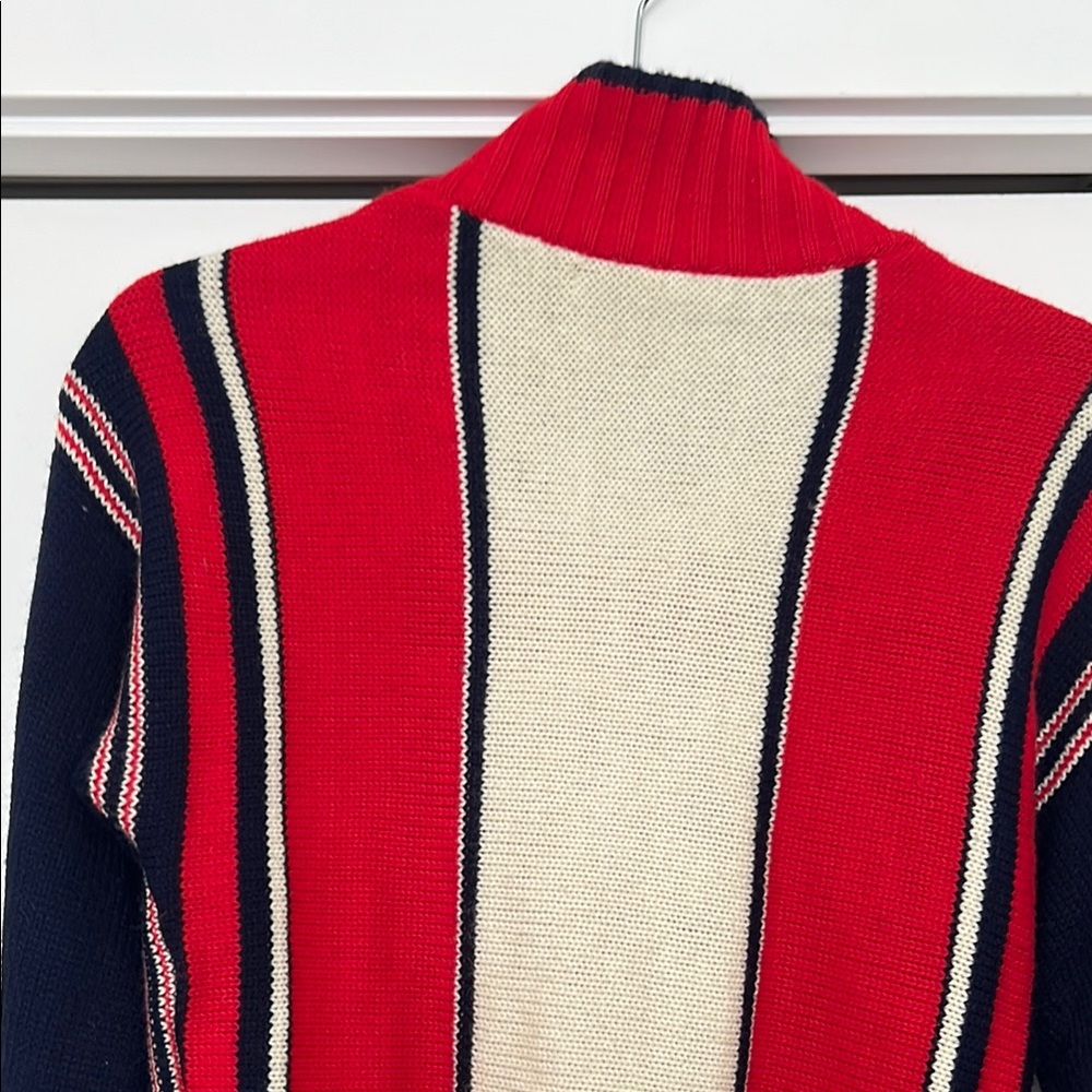 Red and Blue Zip-Up Sweater Moon Blue casual Vintage Knit Sweater Zip Up = - Picture 6 of 6